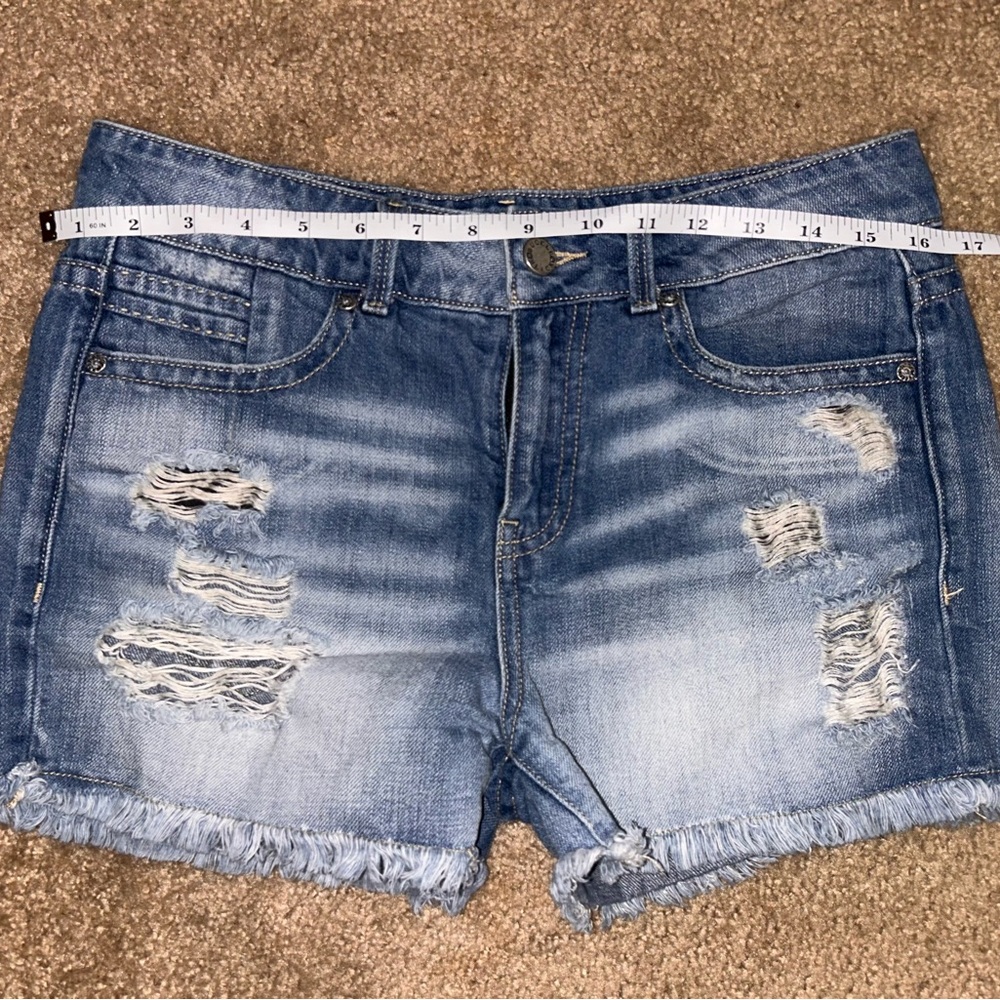 Buckle Blue Jean Shorts Distressed Frayed Hem no stretch
